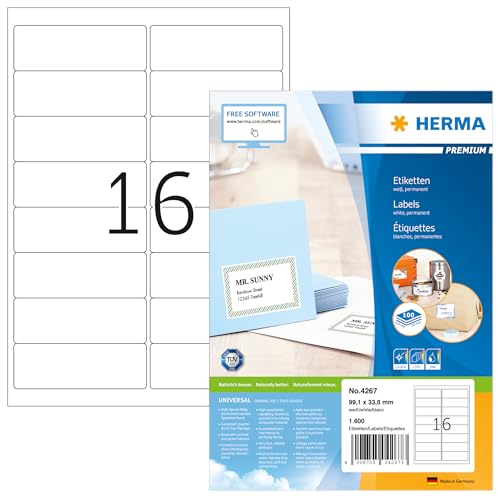 HERMA 4267 Adressetiketten, 100 Blatt, 99,1 x 33,8 mm, 16 pro A4 Bogen, 1600 Stück, selbstklebend, bedruckbar, matt, blanko Papier Adressaufkleber Etiketten, weiß von HERMA