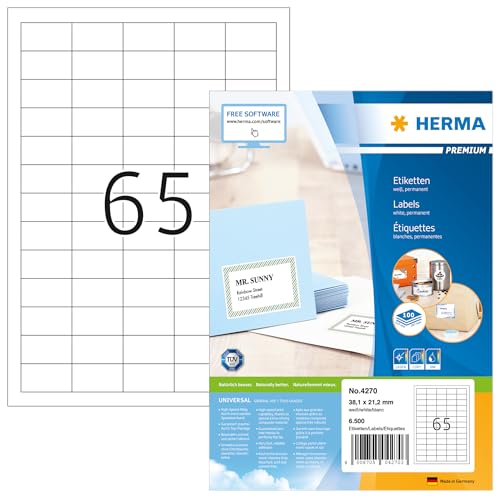 HERMA 4270 Universal Etiketten, 100 Blatt, 38,1 x 21,2 mm, 65 pro A4 Bogen, 6500 Stück, selbstklebend, bedruckbar, matt, blanko Papier Klebeetiketten Aufkleber, weiß von HERMA