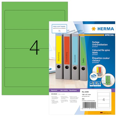 HERMA 4299 Ordnerrücken Etiketten kurz breit, 100 Blatt, 192 x 61 mm, 4 pro A4 Bogen, 400 Stück, selbstklebend, bedruckbar, blickdicht, blanko Papier Ordneretiketten Rückenschilder Aufkleber, grün von HERMA