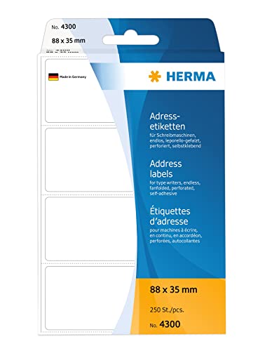 HERMA 4300 Adressetiketten für Schreibmaschinen, endlos, 88 x 35 mm, 250 Stück, selbstklebend, matt, leporello-gefalzt, blanko Papier Adressaufkleber Klebeetiketten Aufkleber, weiß von HERMA