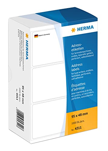 HERMA 4311 Adressetiketten für Schreibmaschinen, endlos, 95 x 48 mm, 1000 Stück, selbstklebend, matt, leporello-gefalzt, blanko Papier Adressaufkleber Klebeetiketten Aufkleber, weiß von HERMA