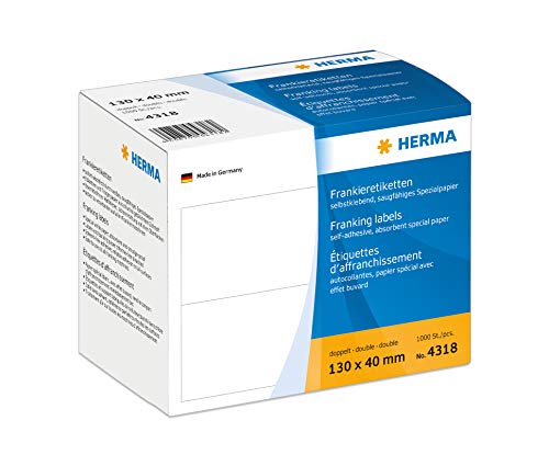 HERMA 4318 Frankieretiketten für Frankiermaschinen, doppelt, 130 x 40 mm, 1000 Stück, selbstklebend, matt, 2fach Papier Frankier-Etiketten Klebeetiketten Aufkleber, weiß von HERMA