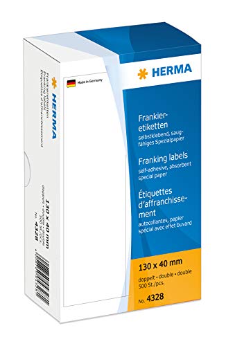 HERMA 4328 Frankieretiketten für Frankiermaschinen, doppelt, 130 x 40 mm, 500 Stück, selbstklebend, matt, 2fach Papier Frankier-Etiketten Klebeetiketten Aufkleber, weiß von HERMA