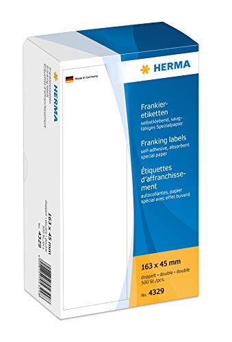 HERMA 4329 Frankieretiketten für Frankiermaschinen, doppelt, 163 x 45 mm, 500 Stück, selbstklebend, matt, 2fach Papier Frankier-Etiketten Klebeetiketten Aufkleber, weiß von HERMA