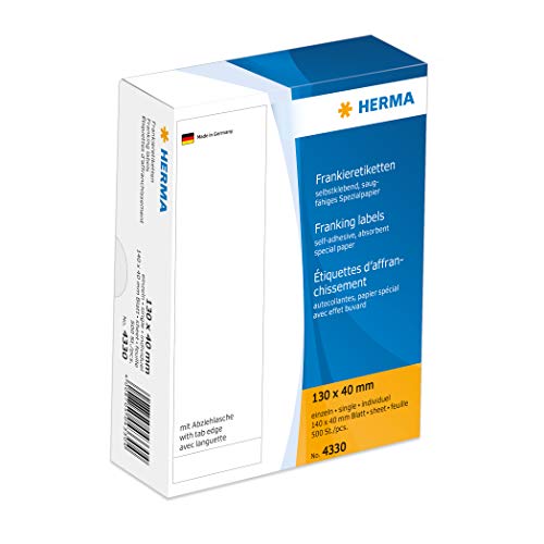 HERMA 4330 Frankieretiketten für Frankiermaschinen, 130 x 40 mm, 500 Stück, selbstklebend, matt, einzeln, Papier Frankier-Etiketten Klebeetiketten Aufkleber mit Abziehlasche, weiß von HERMA