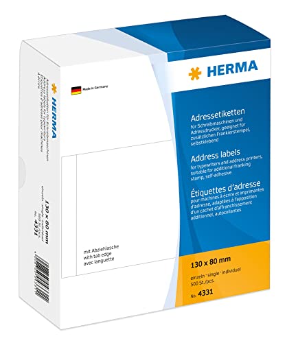 HERMA 4331 Adressetiketten für Schreibmaschinen, 130 x 80 mm, 500 Stück, selbstklebend, matt, einzeln, blanko Papier Adressaufkleber Klebeetiketten Aufkleber, weiß von HERMA