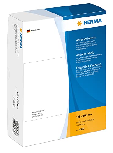 HERMA 4332 Adressetiketten für Schreibmaschinen, 148 x 105 mm, 500 Stück, selbstklebend, matt, einzeln, blanko Papier Adressaufkleber Klebeetiketten Aufkleber, weiß von HERMA