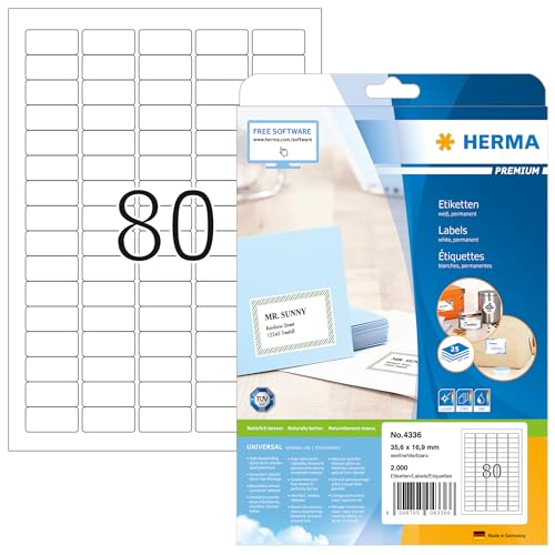 HERMA 4336 Universal Etiketten, 800 Blatt, 35,6 x 16,9 mm, 80 pro A4 Bogen, 64000 Stück, selbstklebend, bedruckbar, matt, blanko Papier Klebeetiketten Aufkleber, weiß HERMA 4336 Universal Etiketten, 800 Blatt, 35,6 x 16,9 mm, 80 pro A4 Bogen, 64000 Stück, selbstklebend, bedruckbar, matt, blanko Papier Klebeetiketten Aufkleber, weiß von HERMA