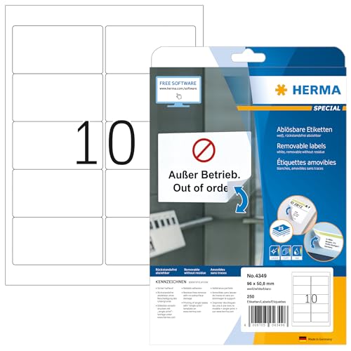 HERMA 4349 Universal Etiketten ablösbar, 25 Blatt, 96 x 50,8 mm, 10 pro A4 Bogen, 250 Stück, selbstklebend, bedruckbar, matt, blanko Papier Klebeetiketten Aufkleber, weiß von HERMA