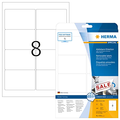 HERMA 4350 Universal Etiketten ablösbar, 25 Blatt, 96 x 63,5 mm, 8 pro A4 Bogen, 200 Stück, selbstklebend, bedruckbar, matt, blanko Papier Klebeetiketten Aufkleber, weiß von HERMA