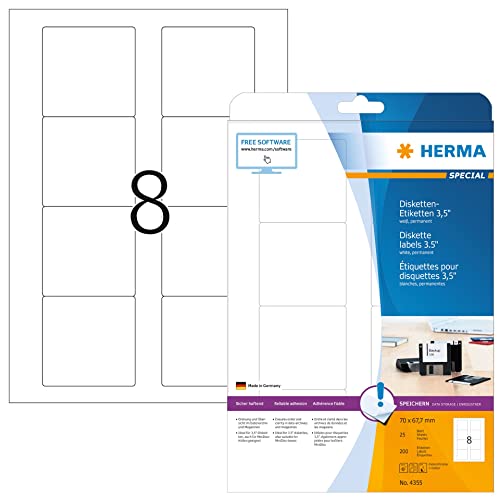 HERMA 4355 Disketten Etiketten 3,5 Zoll, 25 Blatt, 70 x 67,7 mm, 8 pro A4 Bogen, 200 Stück, selbstklebend, bedruckbar, matt, blanko Papier ZIP-Disk Klebeetiketten Aufkleber, weiß von HERMA