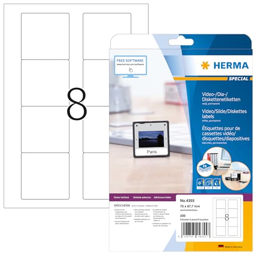 HERMA 4355 Disketten Etiketten 3,5 Zoll, 25 Blatt, 70 x 67,7 mm, 8 pro A4 Bogen, 200 Stück, selbstklebend, bedruckbar, matt, blanko Papier ZIP-Disk Klebeetiketten Aufkleber, weiß von HERMA