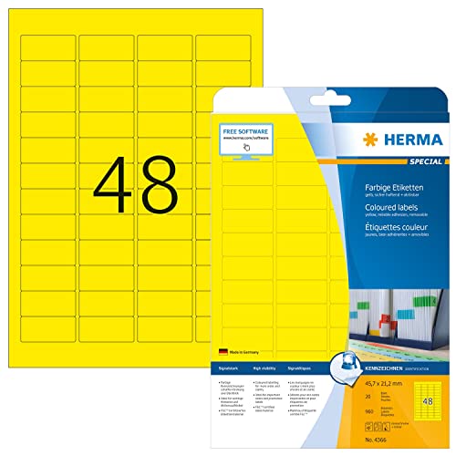 HERMA 4366 Farbige Etiketten gelb ablösbar, 20 Blatt, 45,7 x 21,2 mm, 48 pro A4 Bogen, 960 Stück, selbstklebend, bedruckbar, matt, blanko Papier Farbetiketten Aufkleber von HERMA
