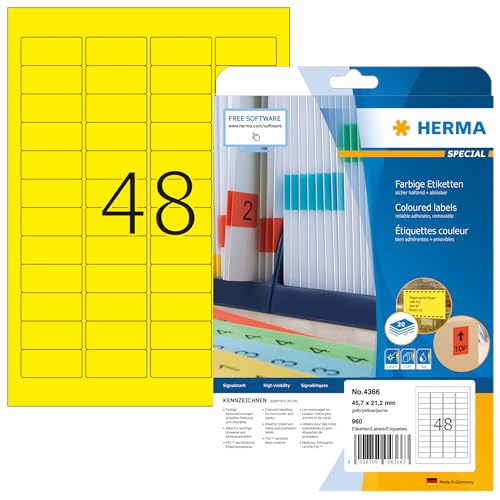 HERMA 4366 Farbige Etiketten gelb ablösbar, 20 Blatt, 45,7 x 21,2 mm, 48 pro A4 Bogen, 960 Stück, selbstklebend, bedruckbar, matt, blanko Papier Farbetiketten Aufkleber von HERMA