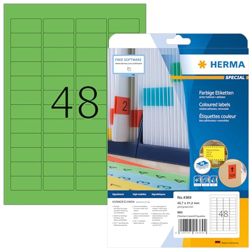 HERMA 4369 Farbige Etiketten grün ablösbar, 640 Blatt, 45,7 x 21,2 mm, 48 pro A4 Bogen, 30720 Stück, selbstklebend, bedruckbar, matt, blanko Papier Farbetiketten Aufkleber von HERMA