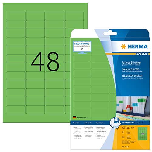 HERMA 4369 Farbige Etiketten grün ablösbar, 640 Blatt, 45,7 x 21,2 mm, 48 pro A4 Bogen, 30720 Stück, selbstklebend, bedruckbar, matt, blanko Papier Farbetiketten Aufkleber von HERMA