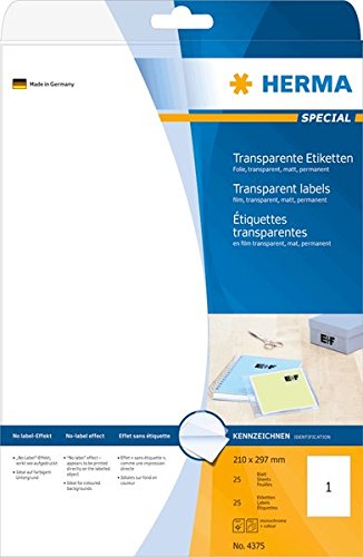 HERMA 4375 Wetterfeste Folienetiketten transparent, 800 Blatt, 210 x 297 mm, 1 pro A4 Bogen, 800 Stück, selbstklebend, bedruckbar, matt, blanko Klebeetiketten Aufkleber aus Folie, durchsichtig von HERMA