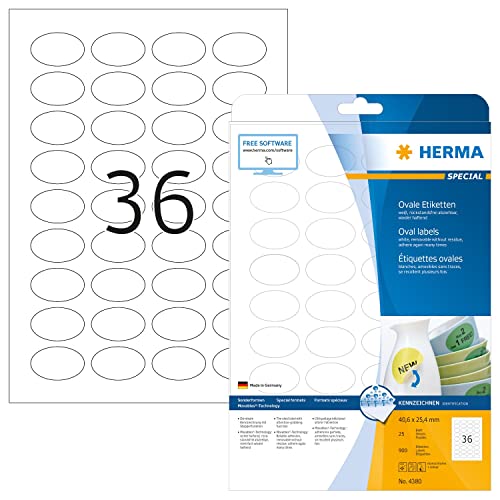 HERMA 4380 Universal Etiketten ablösbar oval, 25 Blatt, 40,6 x 25,4 mm, 36 pro A4 Bogen, 900 Stück, selbstklebend, bedruckbar, matt, blanko Papier Klebeetiketten Aufkleber, weiß von HERMA