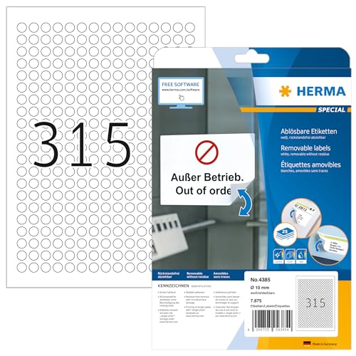 HERMA 4385 Universal Etiketten ablösbar rund, 800 Blatt, Ø 10 mm, 315 pro A4 Bogen, 252000 Stück, selbstklebend, bedruckbar, matt, blanko Papier Klebeetiketten Aufkleber, weiß von HERMA