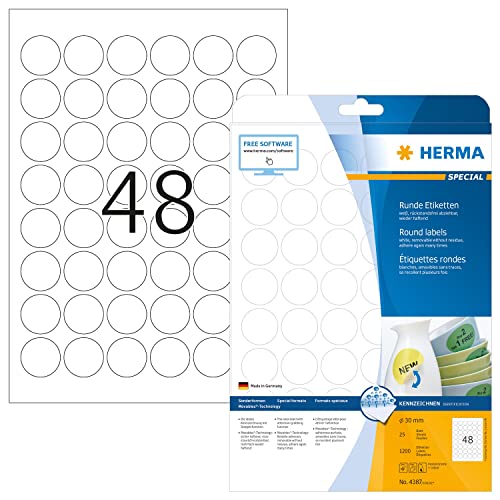 HERMA 4387 Universal Etiketten ablösbar rund, 25 Blatt, Ø 30 mm, 48 pro A4 Bogen, 1200 Stück, selbstklebend, bedruckbar, matt, blanko Papier Klebeetiketten Aufkleber, weiß von HERMA