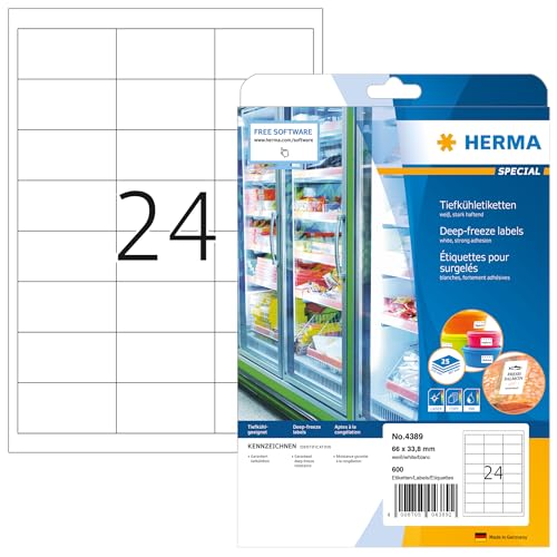 HERMA 4389 Tiefkühletiketten, 25 Blatt, 66 x 33,8 mm, 24 pro A4 Bogen, 600 Stück, selbstklebend, bedruckbar, matt, blanko Papier Gefrieretiketten, Klebeetiketten Aufkleber für Gefriergut, weiß von HERMA