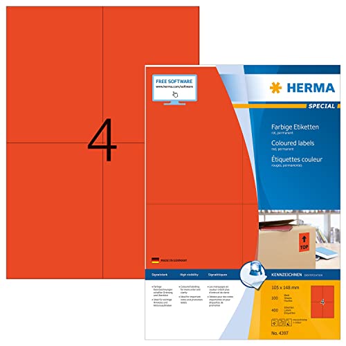 HERMA 4397 Farbige Etiketten rot, 1400 Blatt, 105 x 148 mm, 4 pro A4 Bogen, 5600 Stück, selbstklebend, bedruckbar, matt, blanko Papier Farbetiketten Aufkleber von HERMA