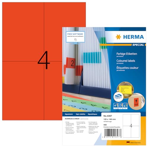 HERMA 4397 Farbige Etiketten rot, 1400 Blatt, 105 x 148 mm, 4 pro A4 Bogen, 5600 Stück, selbstklebend, bedruckbar, matt, blanko Papier Farbetiketten Aufkleber HERMA 4397 Farbige Etiketten rot, 1400 Blatt, 105 x 148 mm, 4 pro A4 Bogen, 5600 Stück, selbstklebend, bedruckbar, matt, blanko Papier Farbetiketten Aufkleber von HERMA