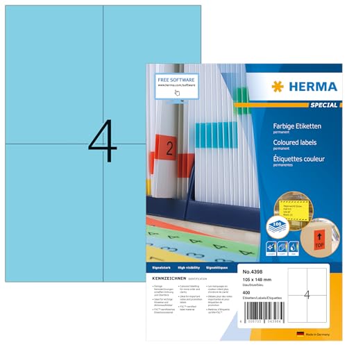 HERMA 4398 Farbige Etiketten blau, 100 Blatt, 105 x 148 mm, 4 pro A4 Bogen, 400 Stück, selbstklebend, bedruckbar, matt, blanko Papier Farbetiketten Aufkleber von HERMA