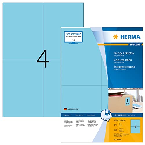 HERMA 4398 Farbige Etiketten blau, 100 Blatt, 105 x 148 mm, 4 pro A4 Bogen, 400 Stück, selbstklebend, bedruckbar, matt, blanko Papier Farbetiketten Aufkleber von HERMA