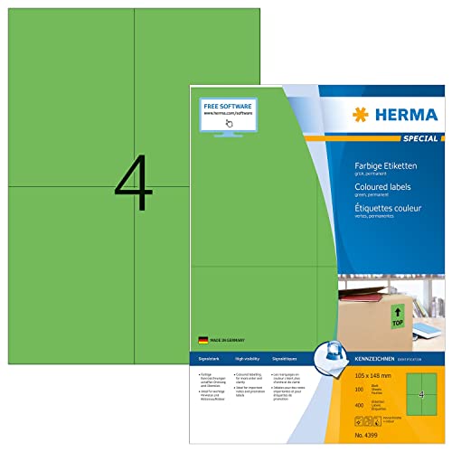 HERMA 4399 Farbige Etiketten grün, 1400 Blatt, 105 x 148 mm, 4 pro A4 Bogen, 5600 Stück, selbstklebend, bedruckbar, matt, blanko Papier Farbetiketten Aufkleber von HERMA