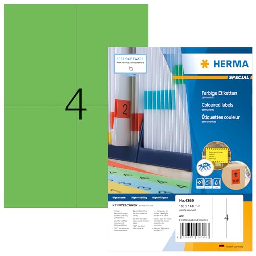 HERMA 4399 Farbige Etiketten grün, 100 Blatt, 105 x 148 mm, 4 pro A4 Bogen, 400 Stück, selbstklebend, bedruckbar, matt, blanko Papier Farbetiketten Aufkleber von HERMA