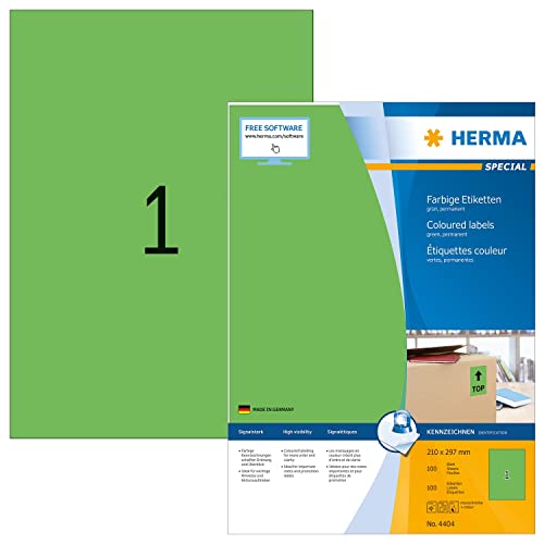 HERMA 4404 Farbige Etiketten grün, 1400 Blatt, 210 x 297 mm, 1 pro A4 Bogen, 1400 Stück, selbstklebend, bedruckbar, matt, blanko Papier Farbetiketten Aufkleber von HERMA