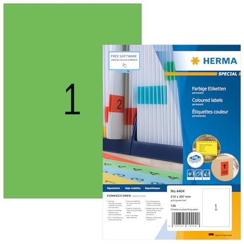 HERMA 4404 Farbige Etiketten grün, 100 Blatt, 210 x 297 mm, 1 pro A4 Bogen, 100 Stück, selbstklebend, bedruckbar, matt, blanko Papier Farbetiketten Aufkleber von HERMA