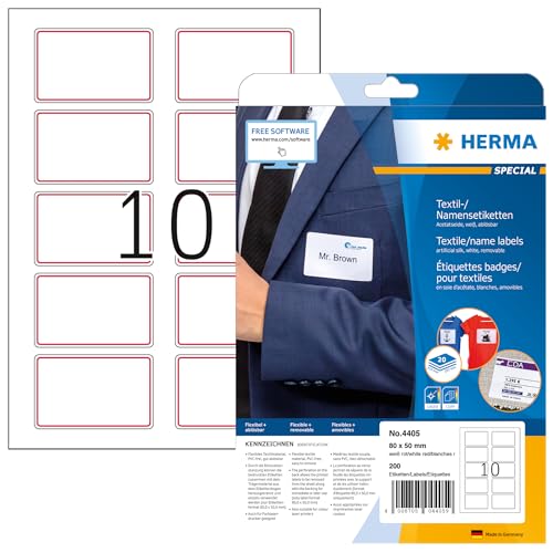 HERMA 4405 Namensetiketten ablösbar, 640 Blatt, 80 x 50 mm, 10 pro A4 Bogen, 6400 Stück, selbstklebend, bedruckbar, rückstandsfrei abziehbare Acetatseide Namensaufkleber Etiketten, weiß rot von HERMA