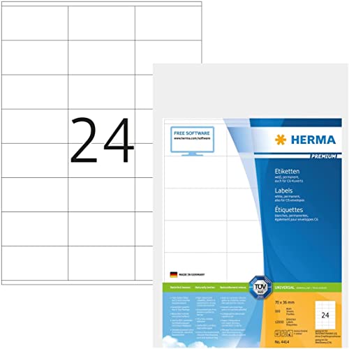 HERMA 4414 Adressetiketten, 500 Blatt, 70 x 36 mm, 24 pro A4 Bogen, 12000 Stück, selbstklebend, bedruckbar, matt, blanko Papier Adressaufkleber Etiketten, weiß von HERMA