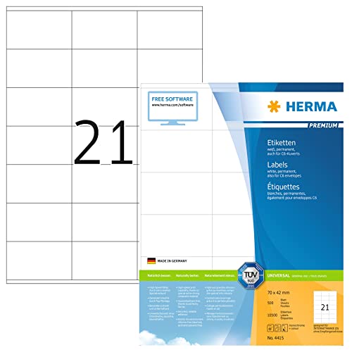 HERMA 4415 Adressetiketten, 500 Blatt, 70 x 42 mm, 21 pro A4 Bogen, 10500 Stück, selbstklebend, bedruckbar, matt, blanko Papier Adressaufkleber Etiketten, weiß von HERMA