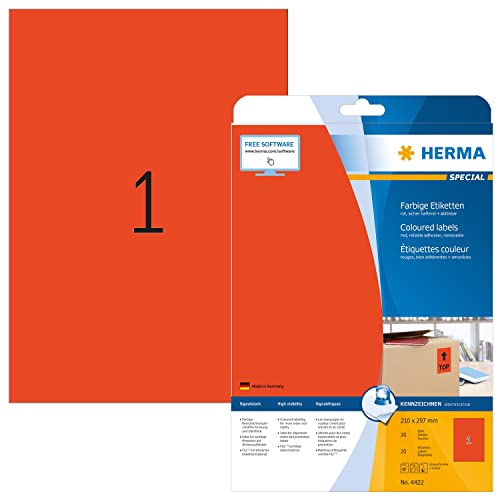 HERMA 4422 Farbige Etiketten rot ablösbar, 20 Blatt, 210 x 297 mm, 1 pro A4 Bogen, 20 Stück, selbstklebend, bedruckbar, matt, blanko Papier Farbetiketten Aufkleber von HERMA