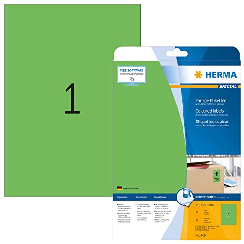 HERMA 4424 Farbige Etiketten grün ablösbar, 640 Blatt, 210 x 297 mm, 1 pro A4 Bogen, 640 Stück, selbstklebend, bedruckbar, matt, blanko Papier Farbetiketten Aufkleber von HERMA