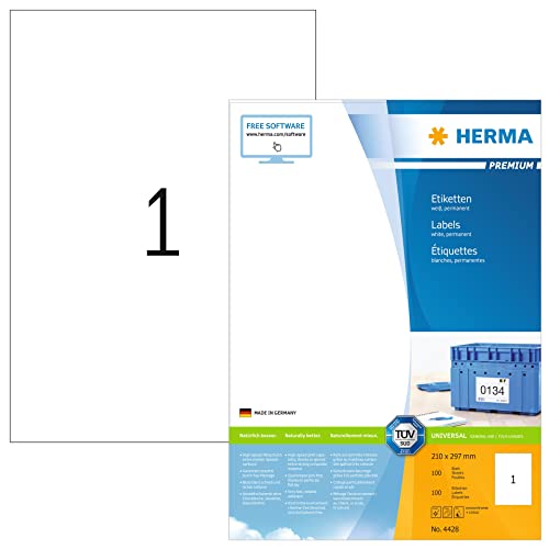HERMA 4428 Universal Etiketten, 1400 Blatt, 210 x 297 mm, 1 pro A4 Bogen, 1400 Stück, selbstklebend, bedruckbar, matt, blanko Papier Klebeetiketten Aufkleber, weiß von HERMA