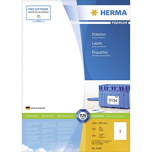 HERMA 4428 Universal Etiketten, 100 Blatt, 210 x 297 mm, 1 pro A4 Bogen, 100 Stück, selbstklebend, bedruckbar, matt, blanko Papier Klebeetiketten Aufkleber, weiß von HERMA