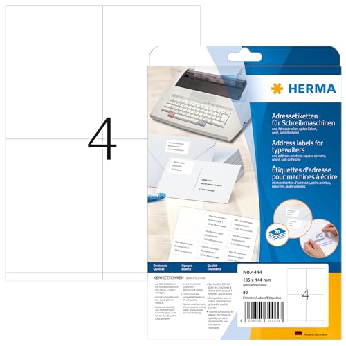 HERMA 4444 Adressetiketten für Schreibmaschinen, 20 Blatt, 105 x 144 mm, 4 pro A4 Bogen, 80 Stück, selbstklebend, bedruckbar, matt, blanko Papier Klebeetiketten Adressaufkleber Etiketten, weiß von HERMA