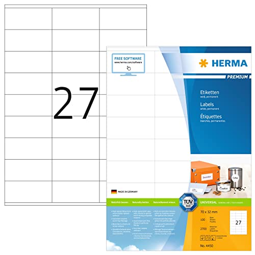 HERMA 4450 Universal Etiketten, 100 Blatt, 70 x 32 mm, 27 pro A4 Bogen, 2700 Stück, selbstklebend, bedruckbar, matt, blanko Papier Klebeetiketten Aufkleber, weiß von HERMA