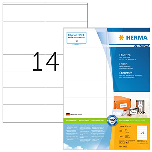 HERMA 4452 Universal Etiketten, 100 Blatt, 105 x 42 mm, 14 pro A4 Bogen, 1400 Stück, selbstklebend, bedruckbar, matt, blanko Papier Klebeetiketten Aufkleber, weiß von HERMA