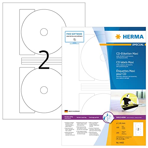 HERMA 4460 CD DVD Etiketten inkl. Zentrierhilfe blickdicht, 100 Blatt, Ø 116 mm MAXI, 2 pro A4 Bogen, 200 Stück, selbstklebend, bedruckbar, matt, blanko Papier Klebeetiketten Aufkleber, weiß von HERMA