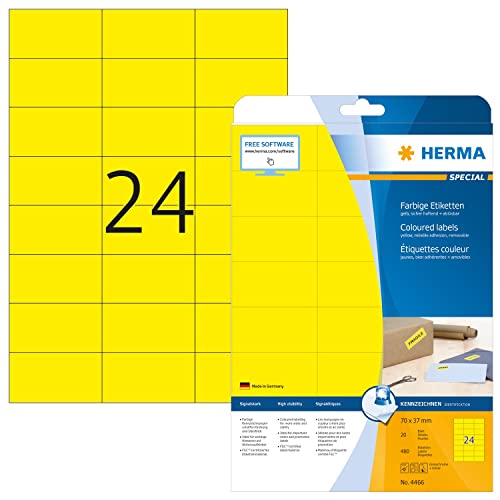 HERMA 4466 Farbige Etiketten gelb ablösbar, 640 Blatt, 70 x 37 mm, 24 pro A4 Bogen, 15360 Stück, selbstklebend, bedruckbar, matt, blanko Papier Farbetiketten Aufkleber von HERMA