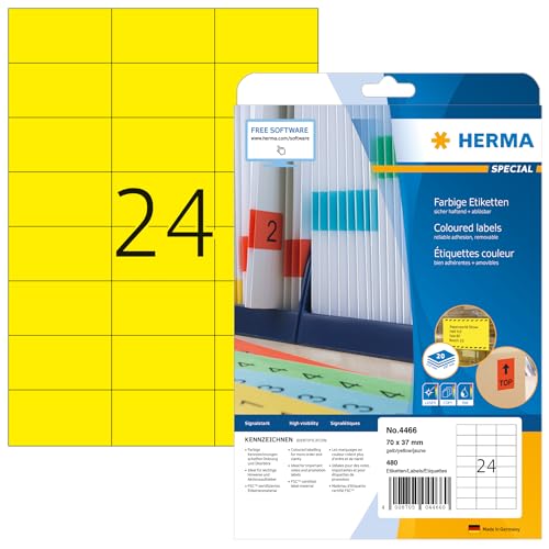 HERMA 4466 Farbige Etiketten gelb ablösbar, 20 Blatt, 70 x 37 mm, 24 pro A4 Bogen, 480 Stück, selbstklebend, bedruckbar, matt, blanko Papier Farbetiketten Aufkleber von HERMA