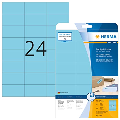 HERMA 4468 Farbige Etiketten blau ablösbar, 20 Blatt, 70 x 37 mm, 24 pro A4 Bogen, 480 Stück, selbstklebend, bedruckbar, matt, blanko Papier Farbetiketten Aufkleber von HERMA