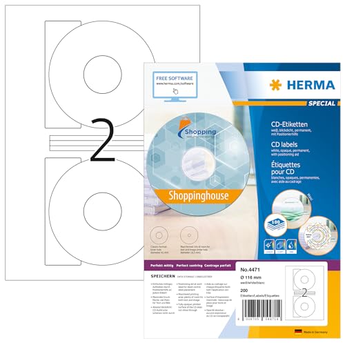 HERMA 4471 CD DVD Etiketten inkl. Zentrierhilfe blickdicht, 1400 Blatt, Ø 116 mm, 2 pro A4 Bogen, 2800 Stück, selbstklebend, bedruckbar, matt, blanko Papier Klebeetiketten Aufkleber, weiß von HERMA