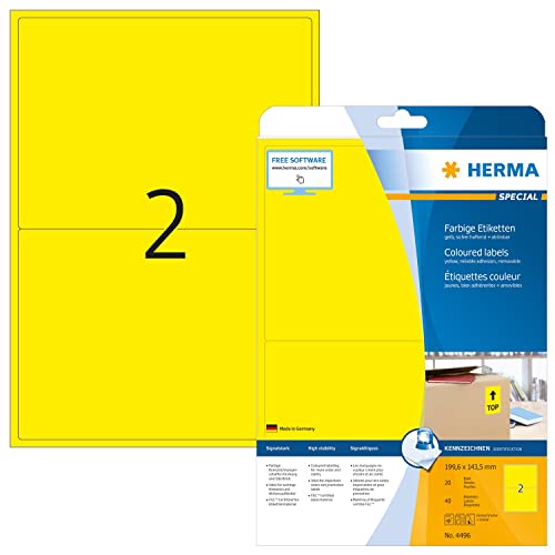 HERMA 4496 Farbige Etiketten gelb ablösbar, 20 Blatt, 199,6 x 143,5 mm, 2 pro A4 Bogen, 40 Stück, selbstklebend, bedruckbar, matt, blanko Papier Farbetiketten Aufkleber von HERMA