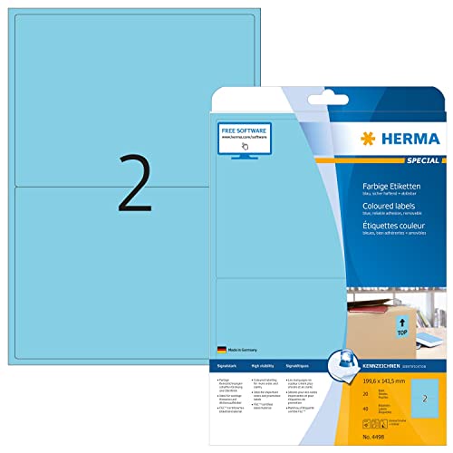 HERMA 4498 Farbige Etiketten blau ablösbar, 640 Blatt, 199,6 x 143,5 mm, 2 pro A4 Bogen, 1280 Stück, selbstklebend, bedruckbar, matt, blanko Papier Farbetiketten Aufkleber von HERMA